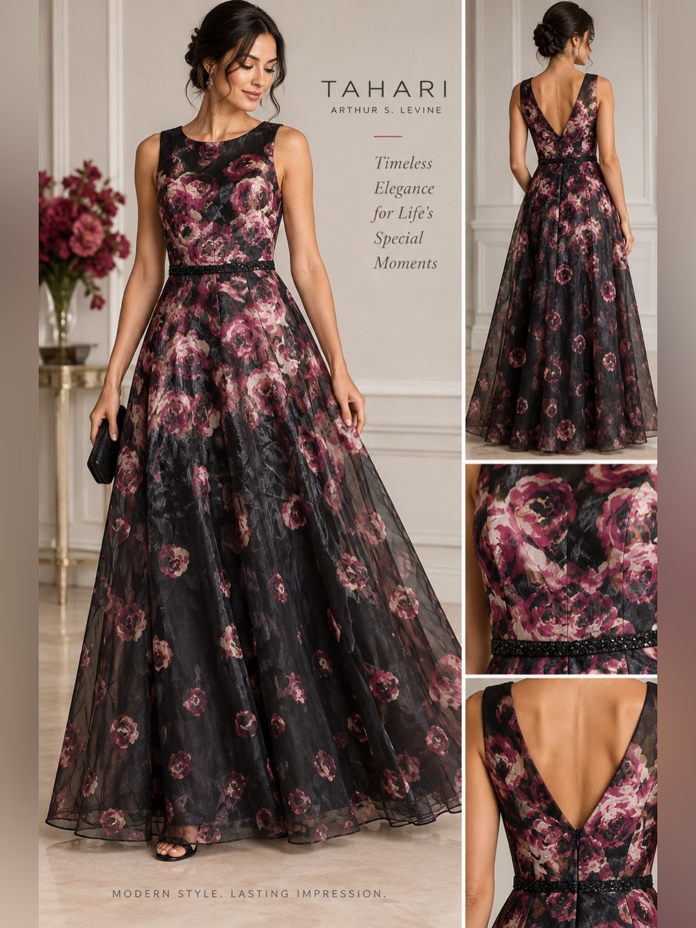 NWOT Tahari Arthur S Levine Floral Organza Maxi Gown Size 6